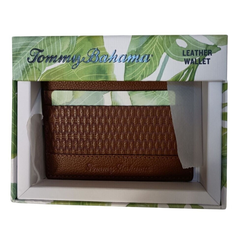 Tommy Bahama Leather Card Case Embossed Basket Weave Brown Boxed Gift